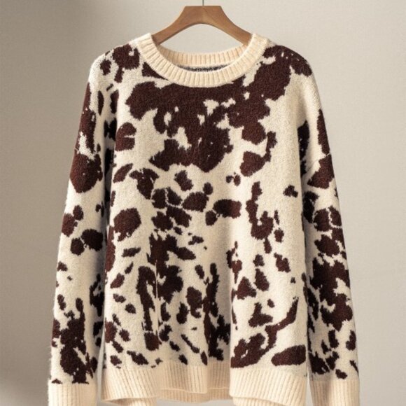 Cow Print Western Sweater - Boho Camo Style NWT Brown & White - Picture 2 of 2